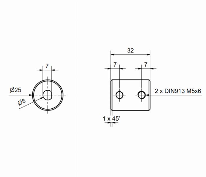 Collarín de eje de aluminio para ejes fresados planos de ⌀8 mm, D25L32