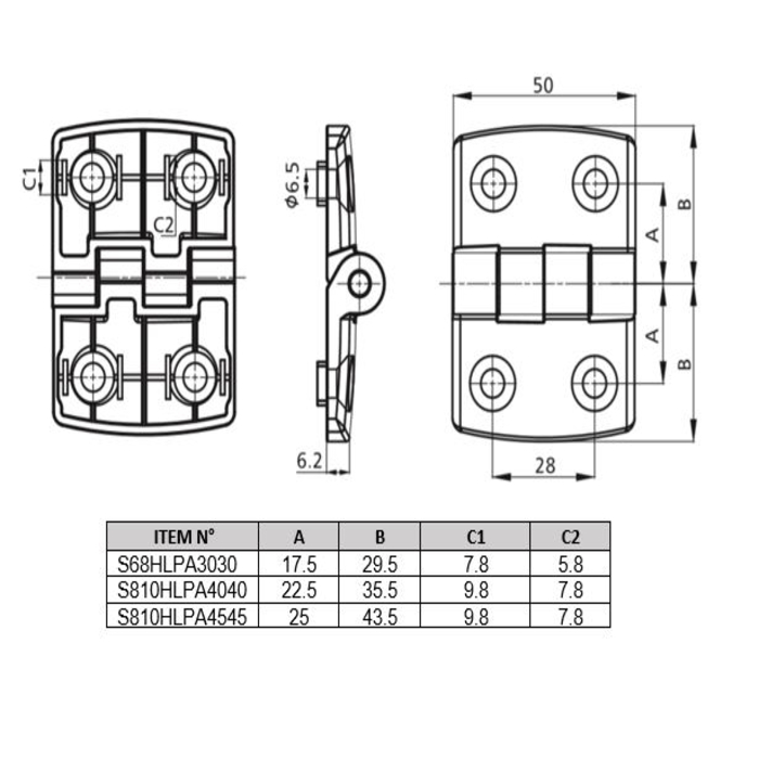 Light plastic hinge for profile 45x45